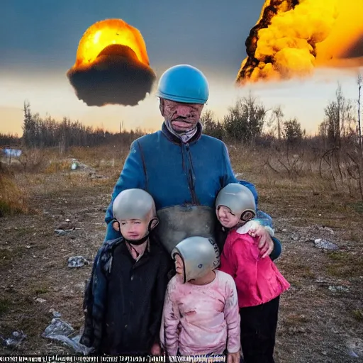 Prompt: selfie of the last surviving ukrainian with children with evil faces, all in helmets with weapons, wild pain and damage to the body burns alive to the bone, painted in dirty yellow - blue colors, a huge nuclear explosion is approaching in the background, a very detailed photo