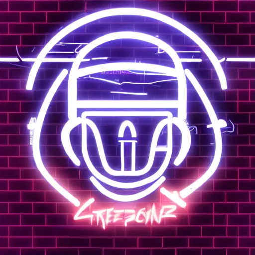 Prompt: in the style of max prentis and deathburger and laurie greasley a 2d graffiti logo of a cyberpunk helmet, highly detailed, neon, 8k wallpaper