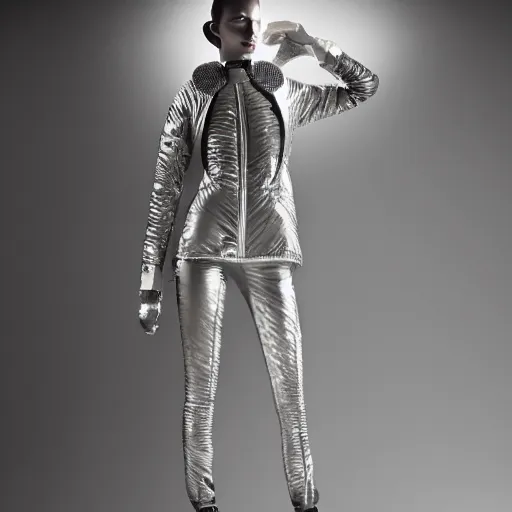 Prompt: a intricate, beautiful mannequin designed by hans boodt, ash thorp, wearing a futuristic cyberpunk garment, puffy jacket, shiny trousers, cinematic lighting, fashion photography