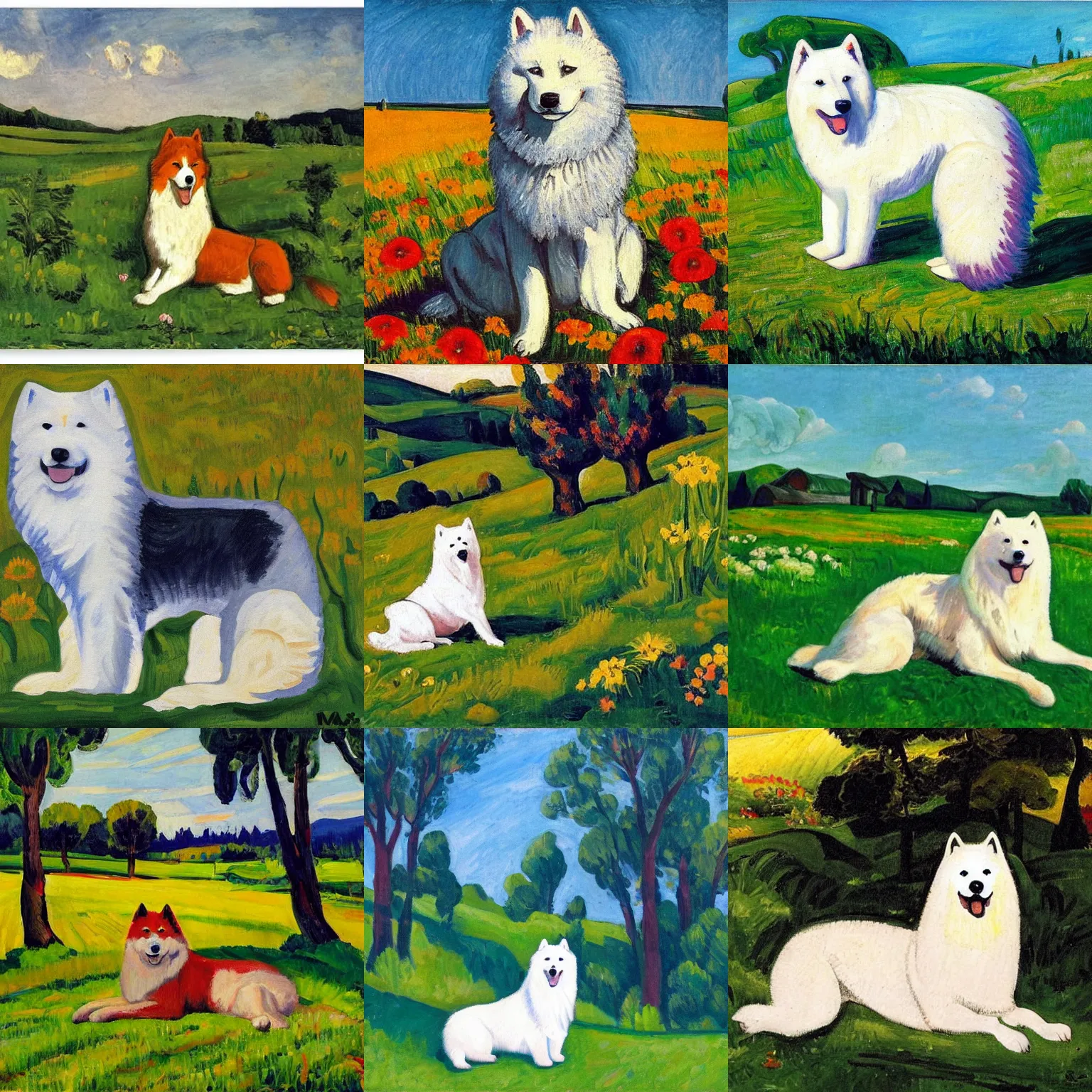 Prompt: a samoyed dog sitting in the middle of sunny meadow, by max pechstein