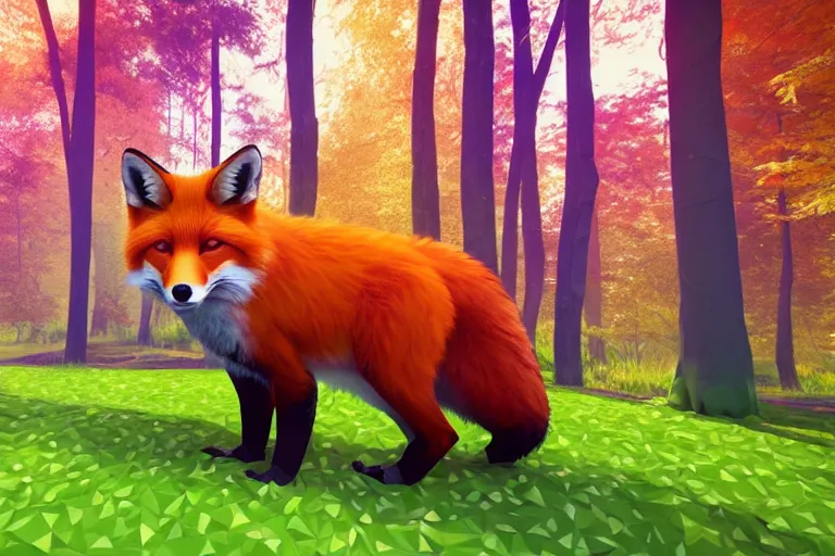 Image similar to super detailed color lowpoly art, red fox in an autumn maple forest, unreal engine, retrowave color palette, 3 d render, lowpoly, colorful, digital art, perspective