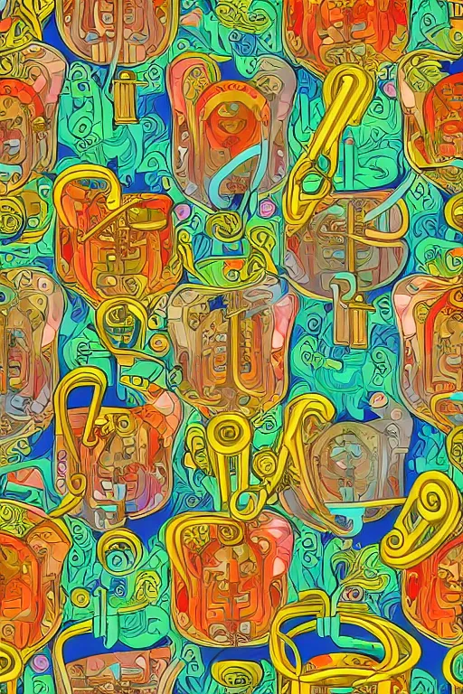 Prompt: seamless 2 d pattern of bizarre musical instruments, highly detailed, designed by tarsila do amaral and alphonse mucha, graphic design, 8 k, 4 k