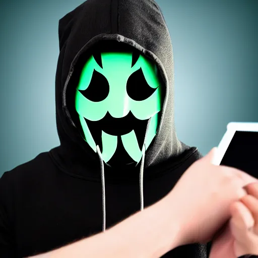 Image similar to realistic photo of hacker in anonymous mask, dark background, hood, computer, green screen, extremely detailed, sharp focus, masterpiece,