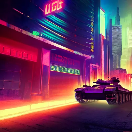 Image similar to high quality photo of a tank in a cyberpunk cyberpunk cyberpunk city, neon lights, realism, 8k, award winning photo, no water