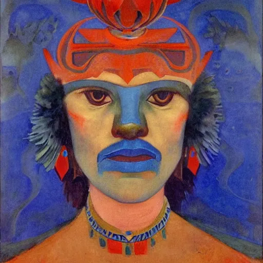 Prompt: the raven crown, by Annie Swynnerton and Nicholas Roerich and Diego Rivera, blue skin, elaborate costume, geometric ornament, rich color, dramatic cinematic lighting, smooth, sharp focus, extremely detailed