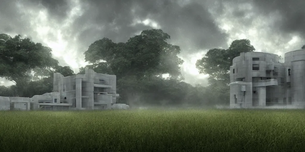 Image similar to large white sci-fi building, next to farm fields and trees, sense of hope, digital art, art station, volumetric lighting, extremely detailed