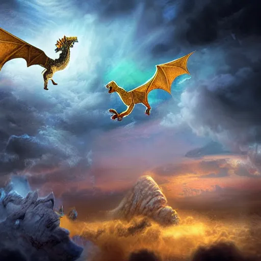 Prompt: falcor the luck dragon in the neverending story flying bravely through the nothing epic storm. digital art, volumetric lighting. fantasy award winner