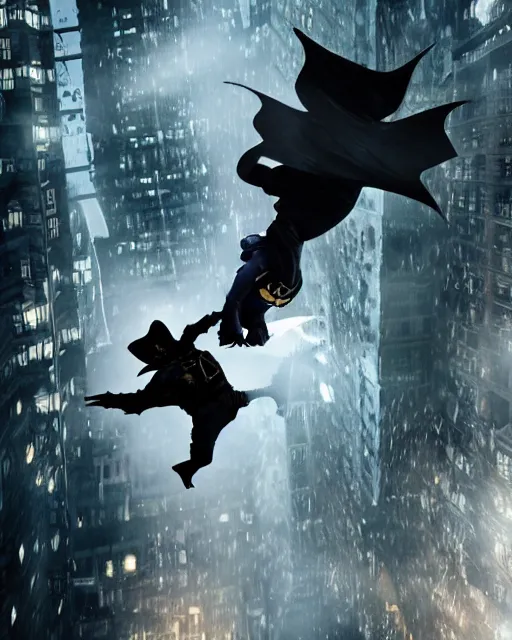 Prompt: epic action still of baby yoda wearing batman outfit as batman hanging upside - down from building in atmospheric alleyway in the style of batman the dark knight rises, 8 k backlit