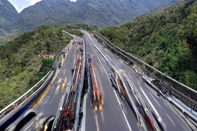 Prompt: watching traffic navigate a steep rollercoaster highway