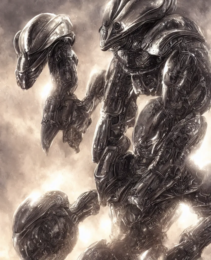 Prompt: a hero portrait of an alien creature with highly detailed features wearing heavy armor, dramatic rim lighting