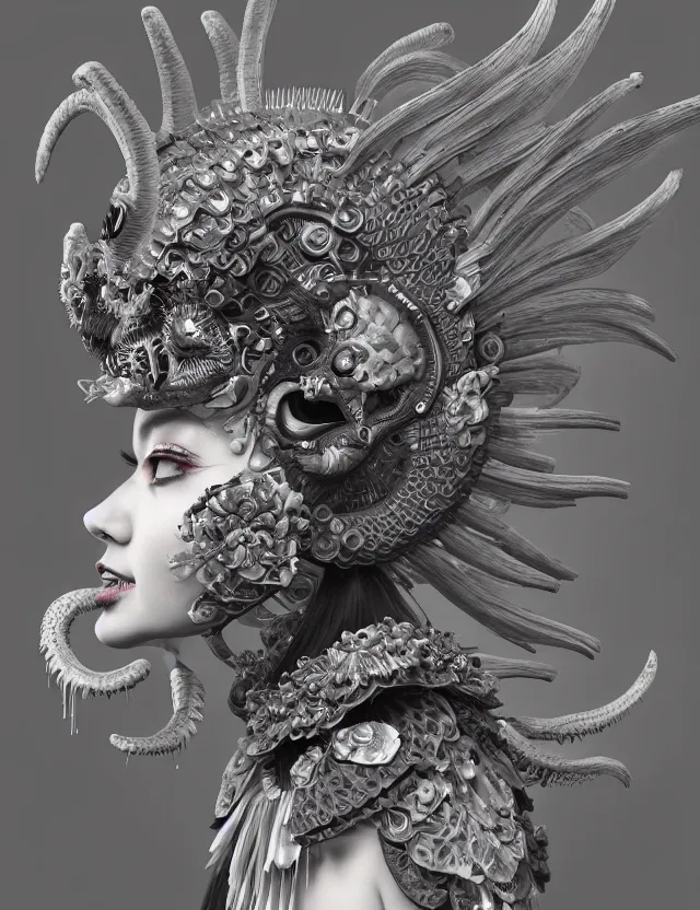 Prompt: 3 d goddess close - up profile death biohazard portrait with crown, ram skull. beautiful intricately detailed japanese crow kitsune mask and clasical japanese kimono. betta fish, jellyfish phoenix, bio luminescent, plasma, ice, water, wind, creature, artwork by tooth wu and wlop and beeple and greg rutkowski