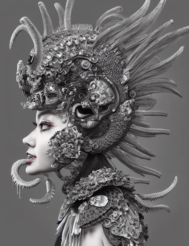 Image similar to 3 d goddess close - up profile death biohazard portrait with crown, ram skull. beautiful intricately detailed japanese crow kitsune mask and clasical japanese kimono. betta fish, jellyfish phoenix, bio luminescent, plasma, ice, water, wind, creature, artwork by tooth wu and wlop and beeple and greg rutkowski