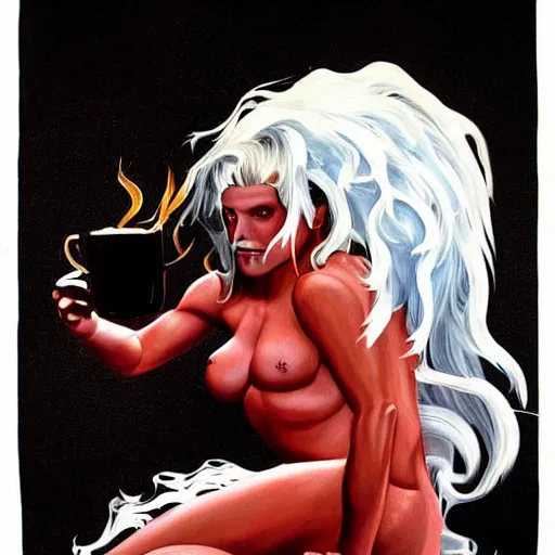 Image similar to painting in style of michael whelan, the super hot, dark angel of coffee