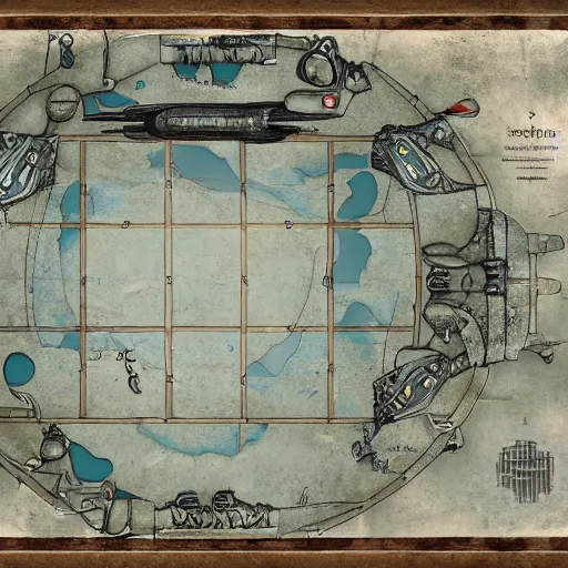 Prompt: roleplaying game table top map of an empty ussr submarine, messy, foggy and dark, inspired with blueprints, steampunk, photorealism, 8k, cinematic, high details, neat