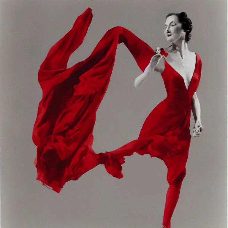 Prompt: A high-detailed photo of woman dancing in the night, grayscale photo with red dress, realism, photo by Richard Avedon