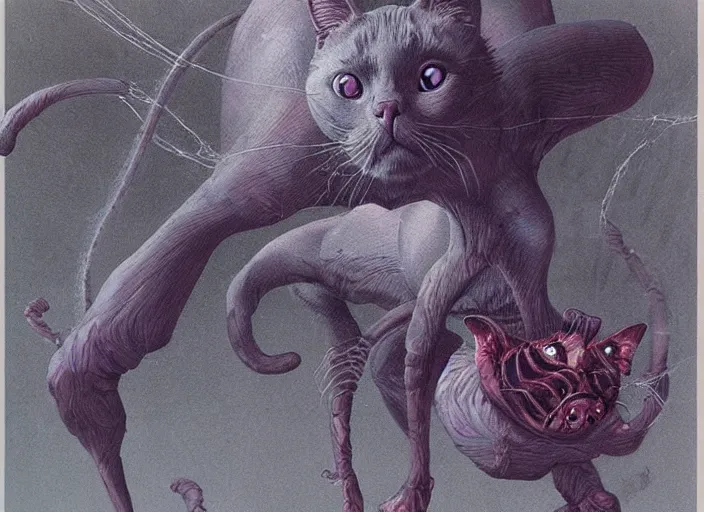Image similar to a picture of an horrific cat that has spider! legs and eyes, art by wayne barlowe
