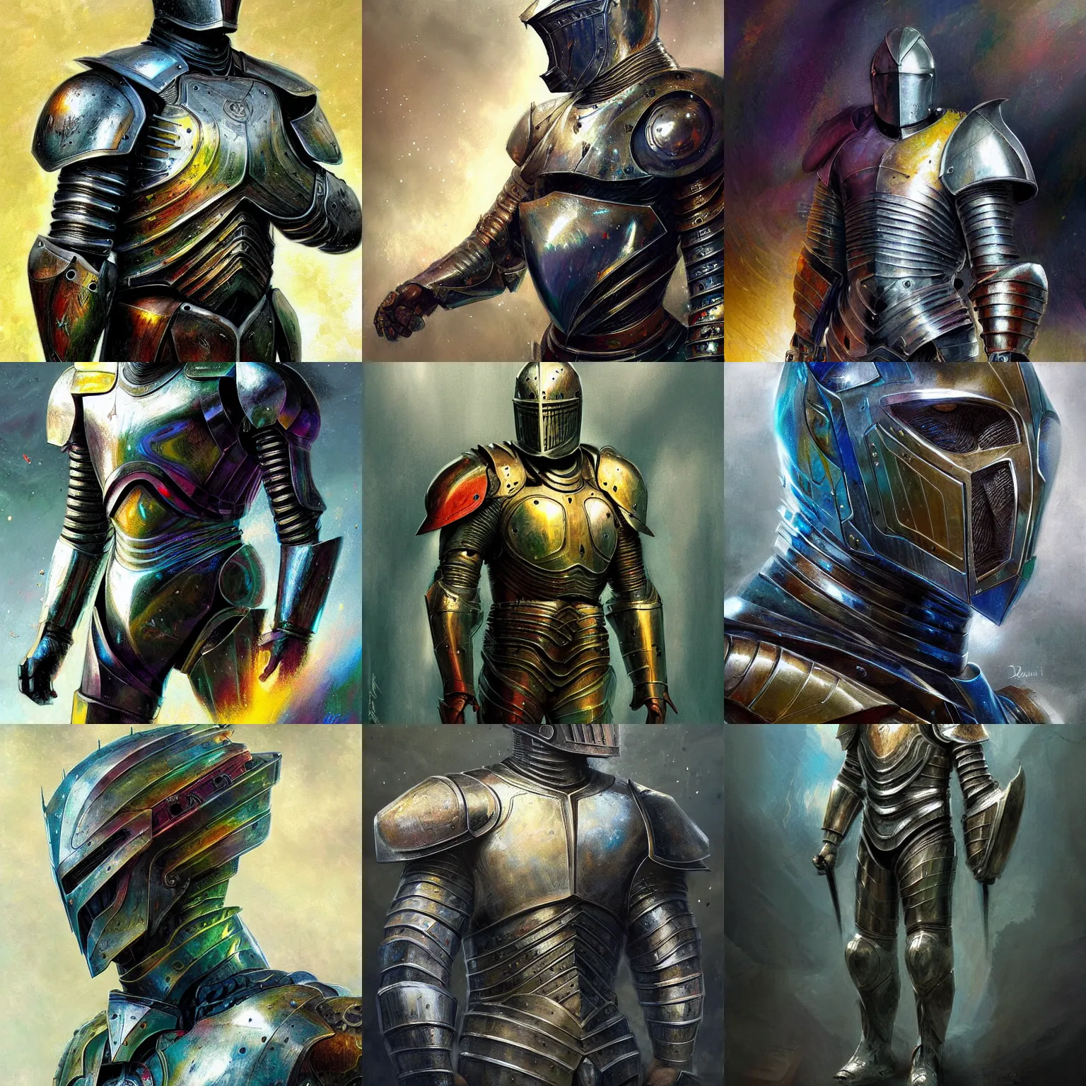 Prompt: knight in prismatic shiny armor art by Daniel Dociu detailed hd
