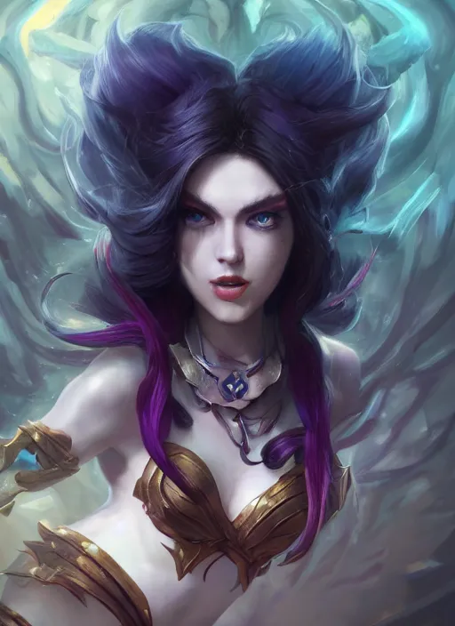 Image similar to morgana, from league of legends, au naturel, hyper detailed, digital art, trending in artstation, cinematic lighting, studio quality, smooth render, unreal engine 5 rendered, octane rendered, art style by klimt and nixeu and ian sprigger and wlop and krenz cushart