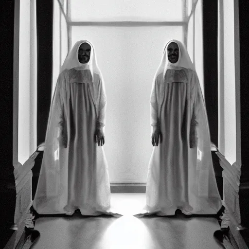 Image similar to nightmare vision, black and white, award winning photo of smiling levitating twin nuns, wearing translucent sheet, Mary in a sanctuary, mirror hallways, eerie, tall columns, frightening —width 1024 —height 1024