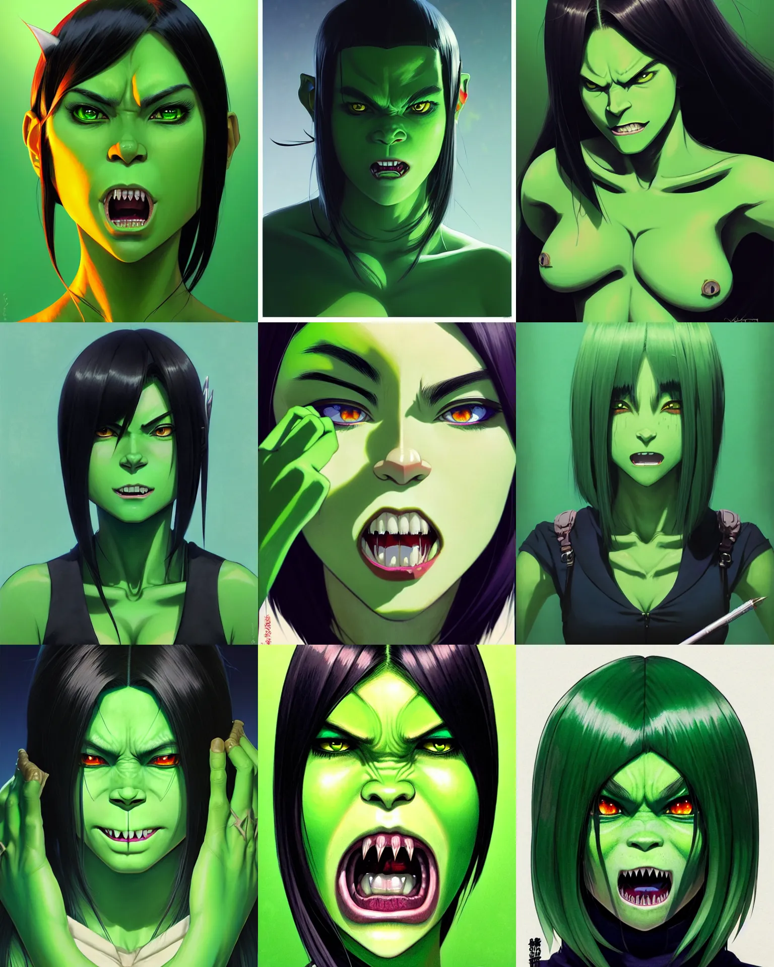 Prompt: a green - skinned female orc with large fangs | | very anime, fine - face, pretty face, realistic shaded perfect face, fine details. anime. realistic shaded lighting poster by ilya kuvshinov katsuhiro otomo ghost - in - the - shell, magali villeneuve, artgerm, jeremy lipkin and michael garmash and rob rey
