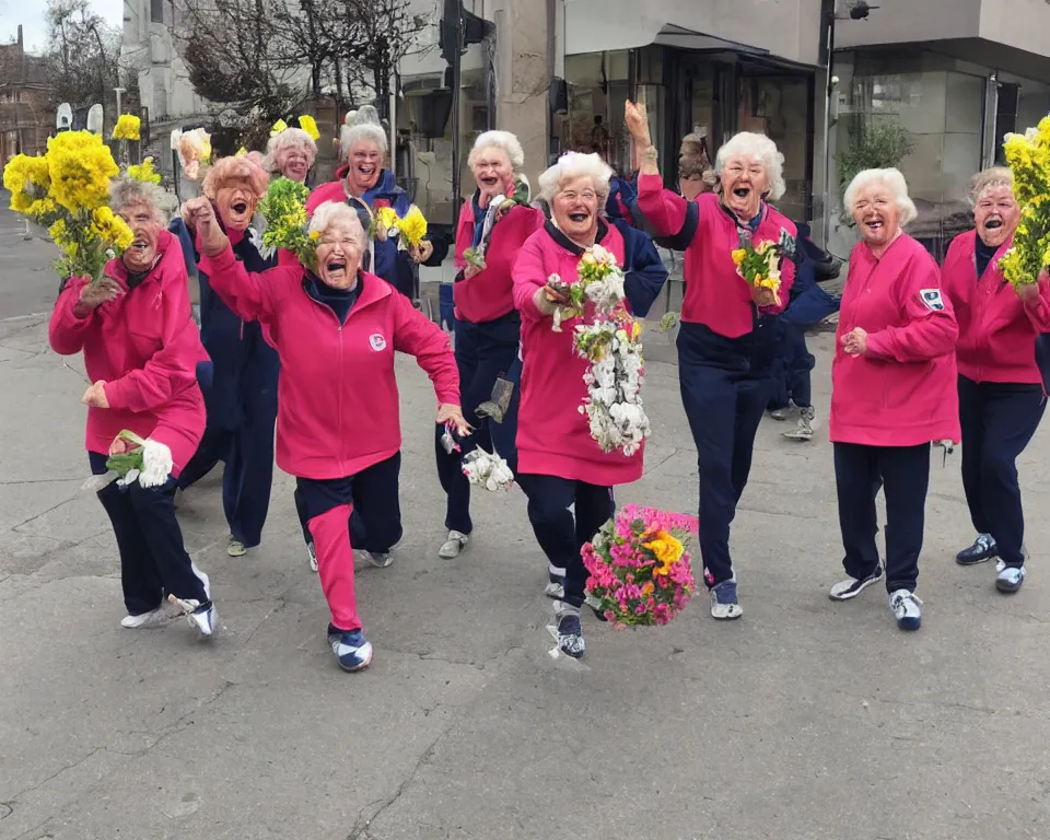 Prompt: a gang of old ladies waving flowers and large hammers, and wearing Umbro track suits laughing maniacally and screaming