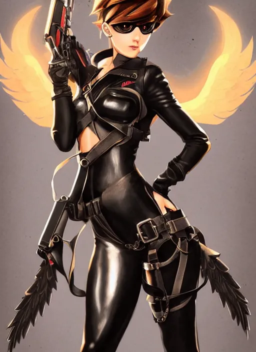 Image similar to full body artwork of tracer overwatch, wearing black latex outfit, in style of mark arian, angel wings, dramatic painting, wearing detailed leather collar, black shiny armor, chains, black harness, detailed face and eyes,