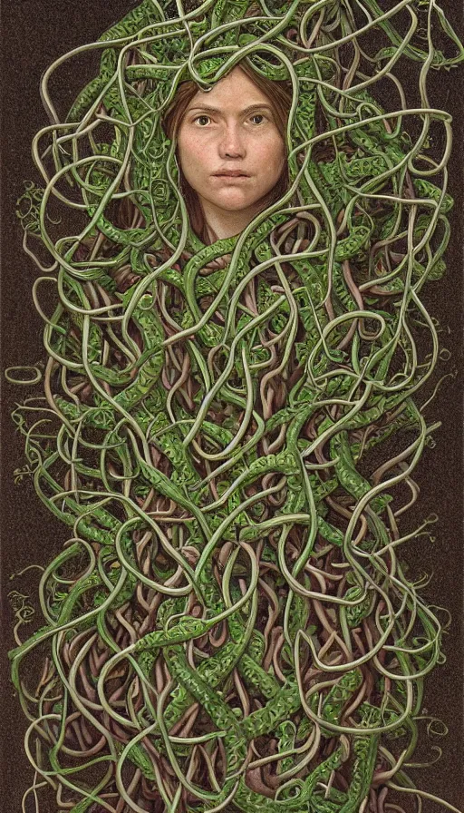 Image similar to very detailed portrait of a 2 0 years old girl surrounded by tentacles, the youg woman visage is blooming from fractal and vines, by dan witz