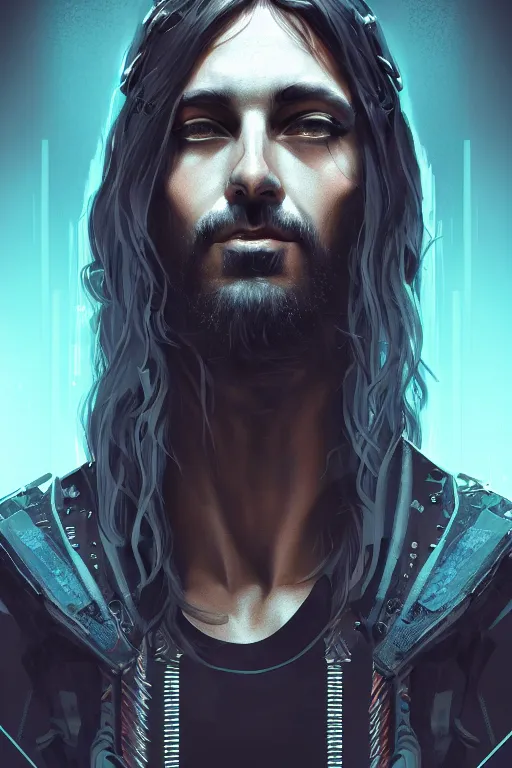 Image similar to a full length portrait of cyberpunk jesus, grim - lighting, high - contrast, intricate, elegant, highly detailed, digital painting, artstation, concept art, smooth, sharp focus, illustration