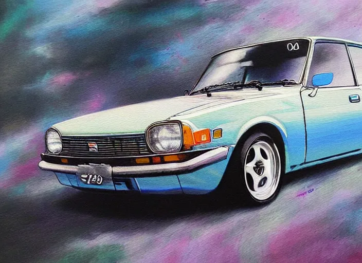 Image similar to beautiful yoshitaka amano art of a datsun bluebird 5 1 0, detailed painting