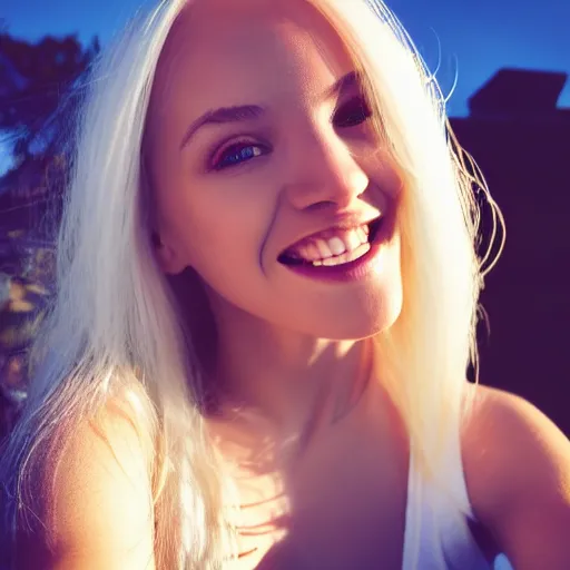 Image similar to beautiful selfie of a cute thin young woman smiling smugly, long light platinum blonde hair, flushed face, heart - shaped face, blue eyes, golden hour, 8 k, instagram