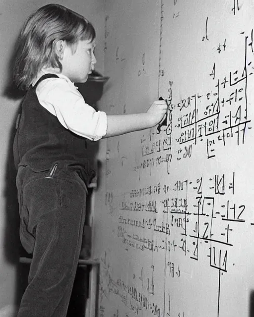 Image similar to a tall kitten standing in from of a blackboard writing math formulae, realistic photo, 1970s