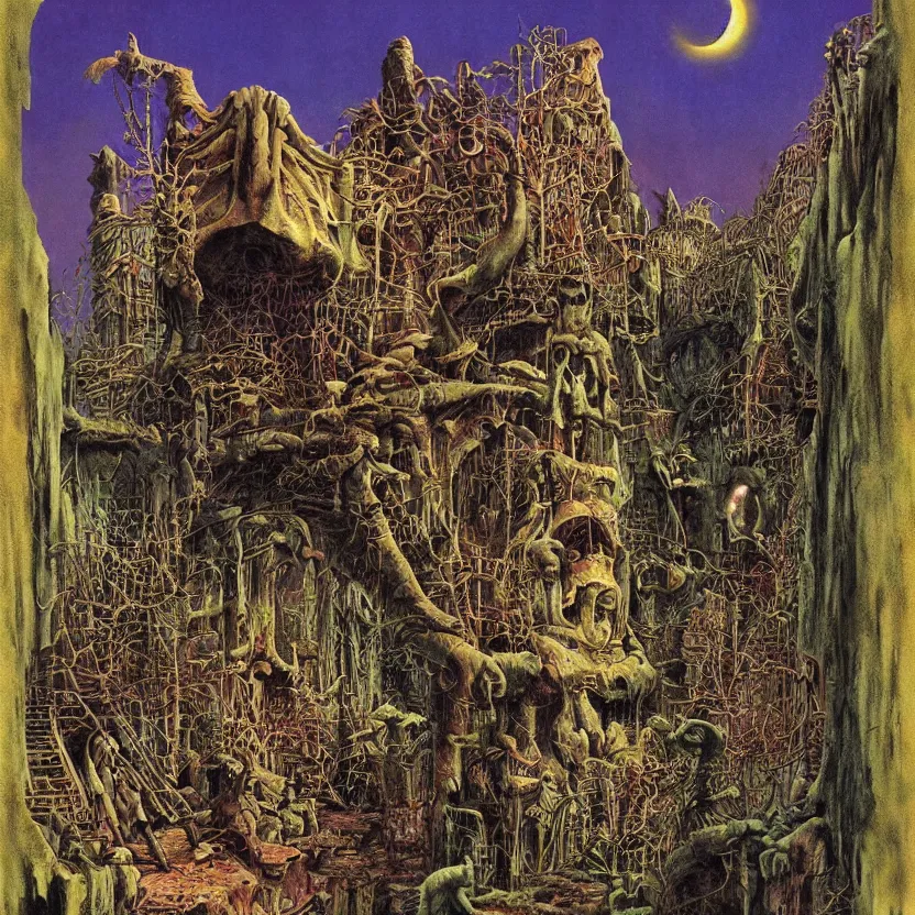 Image similar to an abandoned theme park, by richard corben, bruce pennington, and zdzisław beksinski. goosebumps cover art. pulp horror art.