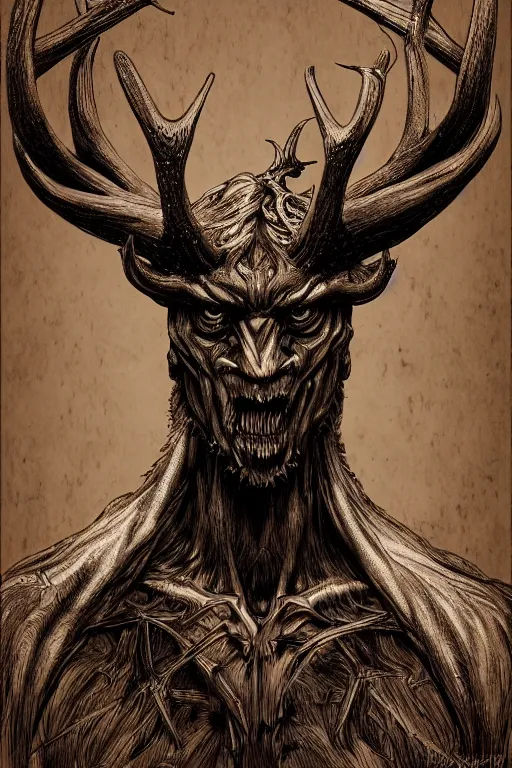 Image similar to humanoid figure monster with antlers, highly detailed, digital art, sharp focus, trending on art station, kentaro miura manga art style