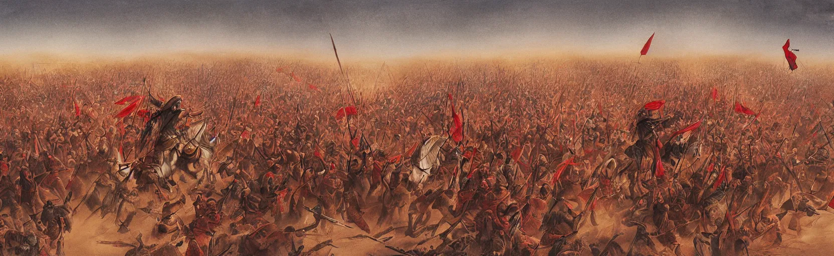 Image similar to imam al hussein in karbala fighting an army alone, red sky, dust, winds, by hasan rouh al - amin