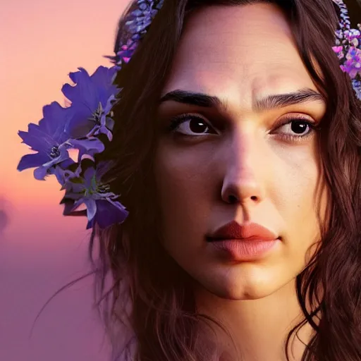 Image similar to photo of the beauty gal gadot, she is posing while maintain a sweet eye contact to the camera, she has a crown of flowers, the photo was taken at sunset with a bokeh effect, photo taken by edward steichen, photorealistic, matte painting, hyper realistic, 4 k, 8 k, cinematic composition, hd, highly detailed, trending on artstation