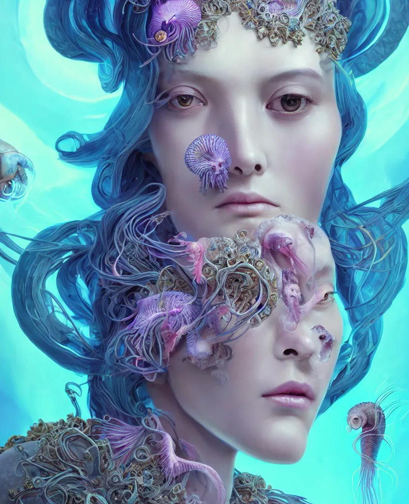 Image similar to goddess close-up portrait of princess face and ram skull. eyes. jellyfish phoenix head, nautilus, orchid, skull, betta fish, bioluminiscent creatures, intricate artwork by Tooth Wu and wlop and beeple. octane render, trending on artstation, greg rutkowski very coherent symmetrical artwork. cinematic, hyper realism, high detail, octane render, 8k