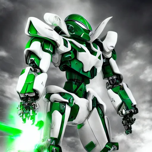 Prompt: saudi warrior mecha, green and white, full body mecha suit, epic urban battle, Murata Yasushi Nirasawa Style, beautiful aesthetic, photorealistic, volumetric lighting, hyperrealistic, octane render, HDR, Production IG Studios Anime Style, concept art