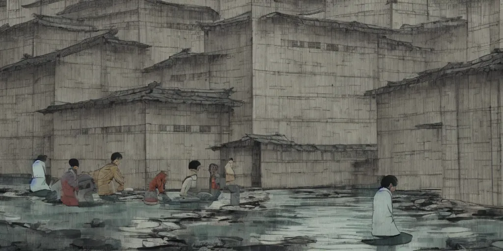 Prompt: a chinese prison by a river, in the style of junji ito, parts by edward hopper, parts by rodcenko, parts by yue minjun, parts by peter doig, intricate and epic composition, 4 k, very detailed, insanely quality, highly detailed, masterpiece, overlaid with chinese adverts