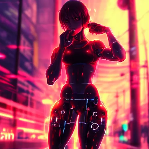 Image similar to digital anime, cyborg - girl standing in the middle of the wet street light bending around her, gaussian motion blur, refracting image, fish eyed lens, black red long hair!, biomechanical details, neon background lighting, reflections, wlop, ilya kuvshinov, artgerm