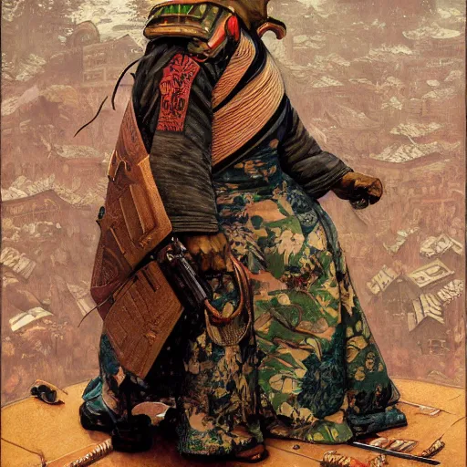 Image similar to the doomslayer wearing a kimono, portrait art by norman rockwell and donato giancola and greg rutkowski,