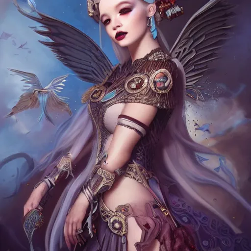 Prompt: tom bagshaw, very beautiful genetic mix of dove cameron madison beer bella poarch in a gorgeous magician armor, ornaments, gothic makeup, professionally retouched, focus eyes, ultra realistic soft painting, insanely detailed linework, partial symmetrical accurate intricate features, behance artstation, 8 k