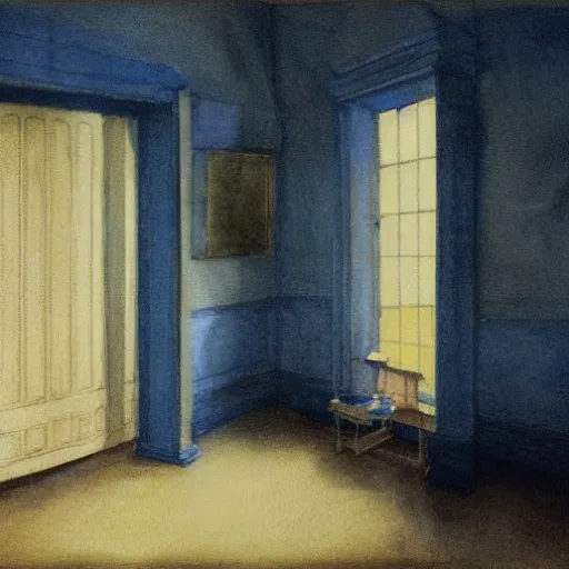 Image similar to close up of a girl in a blue and gold haunted liminal abandoned room, watercolor by ivan biblin, by hammershøi, art noveau, highly detailed, lights by edward hopper, liminal, eerie, bright pastel colors