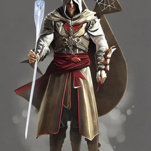 Image similar to an ultra detailed vector image of ezio auditore dressed as solaire of astora, concept art by alphonse mucha and greg rutkowski, praise the blood moon, octane render, liminal space