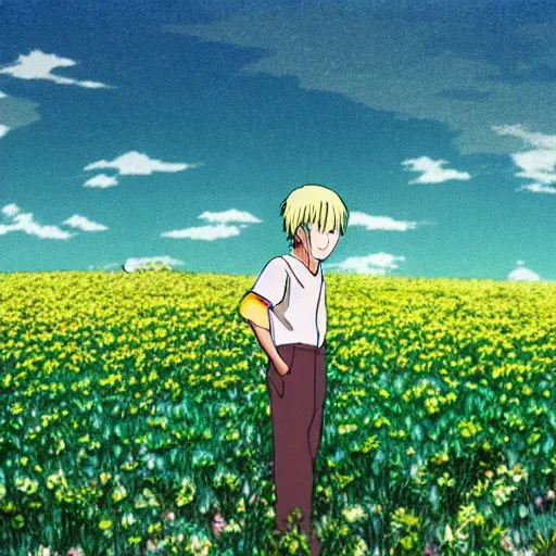 Image similar to man stands on a meadow made of popcorn, landscape, studio ghibli, anime