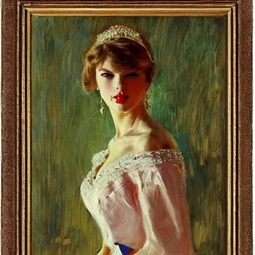 Image similar to Taylor Swift holding her chest, 1950s, modest, elegant clothing, tiara, mild impressionism, award winning, by Ilya Repin