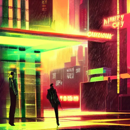 Image similar to cyber punk, futuristic, neo Chicago, blade runner city concept art, in the style of Syd Mead, award winning illustration, neon lights, raining