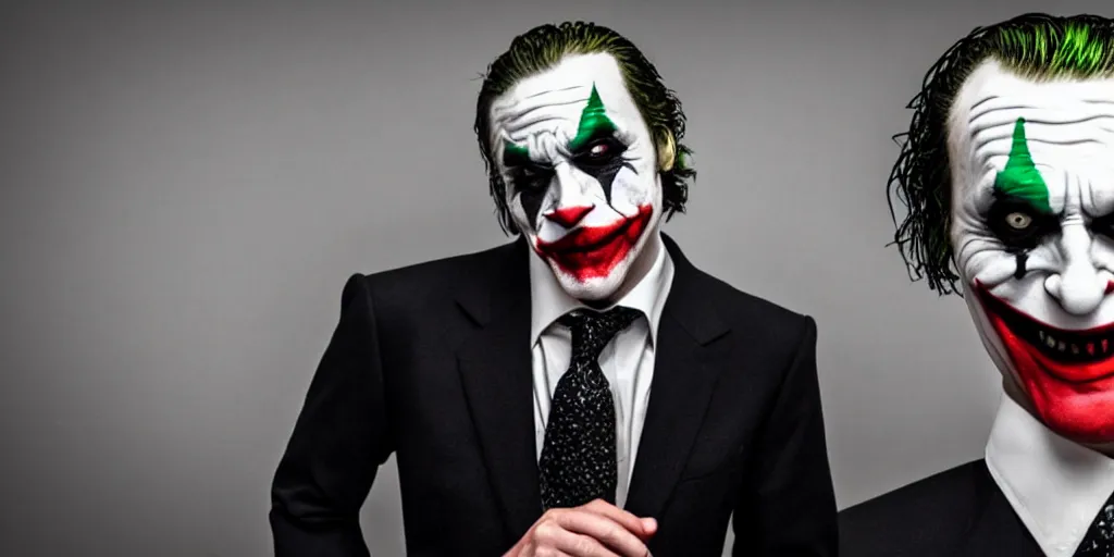 Image similar to joker wearing a suit style, photograph, grinning, creepy,