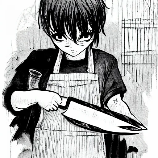 Image similar to a young boy holds a butcher's knife in their hand, anime style, drawn in black pen ink sketch