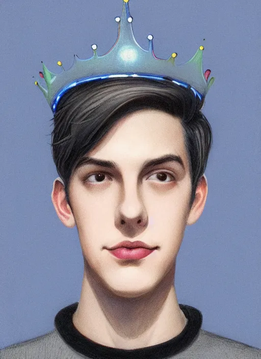 Image similar to portrait of teenage jughead jones wearing a light grey crown, crown, blue turtleneck, 1 9 5 0 s, closed eyes, photorealistic, black hair, glowing lighting, intricate, elegant, glowing lights, highly detailed, digital painting, artstation, concept art, smooth, sharp focus, illustration, art by wlop, mars ravelo and greg rutkowski