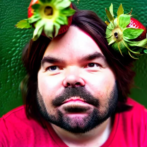 Image similar to matt berry as a strawberry, head of a strawberry, high definition